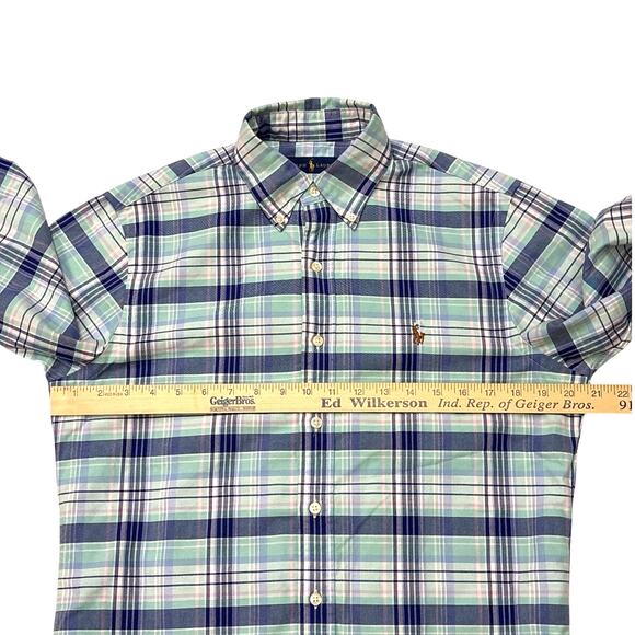Ralph Lauren Shirt Mens Small Blue Twill Plaid Button Up Long Sleeve Flesh Pony - Picture 9 of 9
